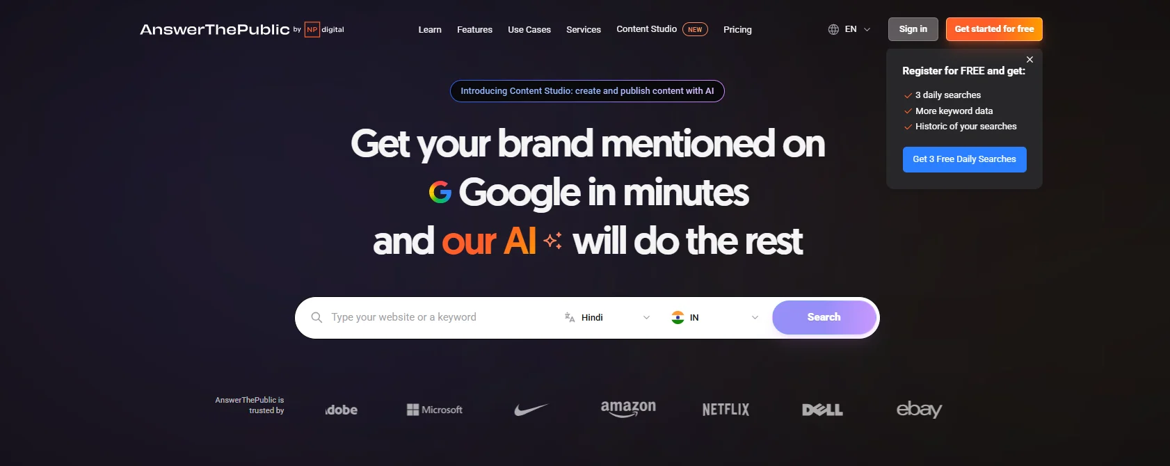 AnswerThePublic homepage with the free signup offer: 3 daily searches, more keyword data and a history of your searches