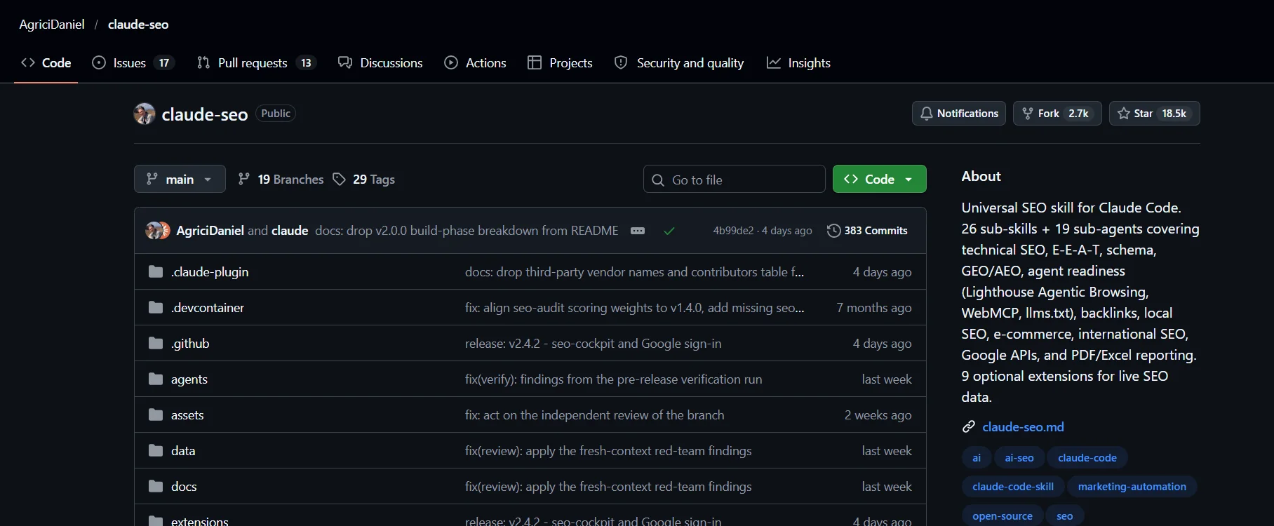 AgriciDaniel/claude-seo GitHub repository with 18.5k stars, 26 SEO sub-skills and 19 sub-agents for Claude Code
