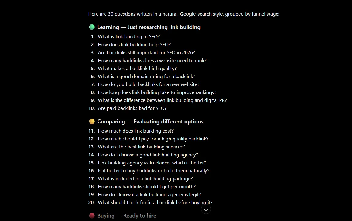 ChatGPT list of buyer questions about link building grouped by funnel stage