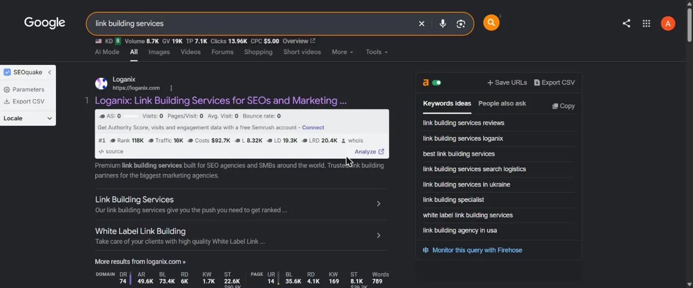 Google results for link building services in the US