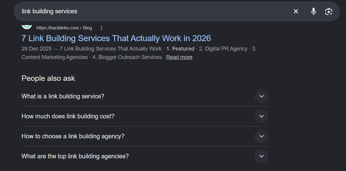 People Also Ask box for link building services