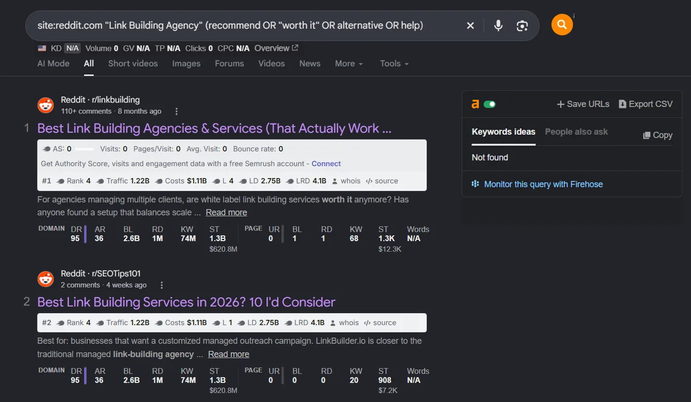 Google results for a Reddit search operator about link building agencies