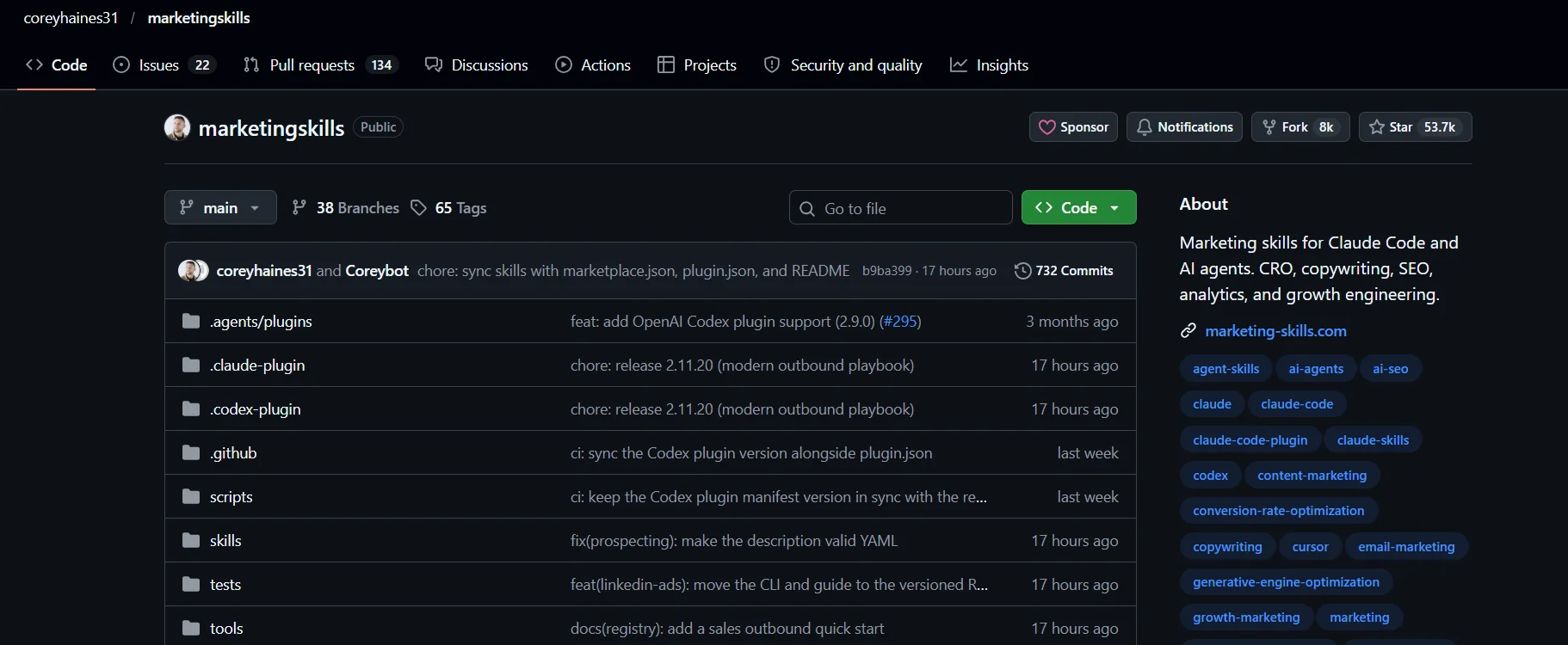 coreyhaines31/marketingskills GitHub repository with 53.7k stars, marketing skills for Claude Code and AI agents